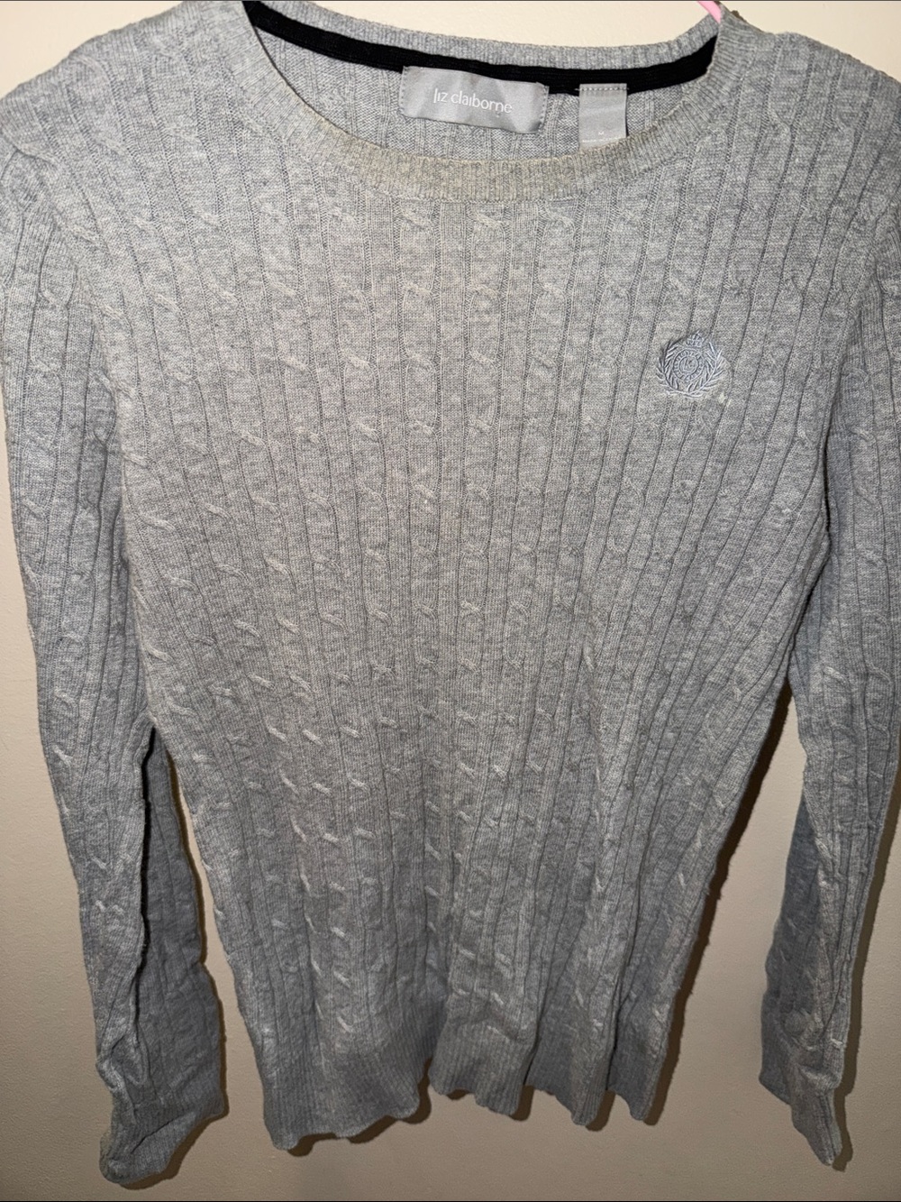 Liz Claiborne Light Gray Cable-Knit Crewneck Sweater